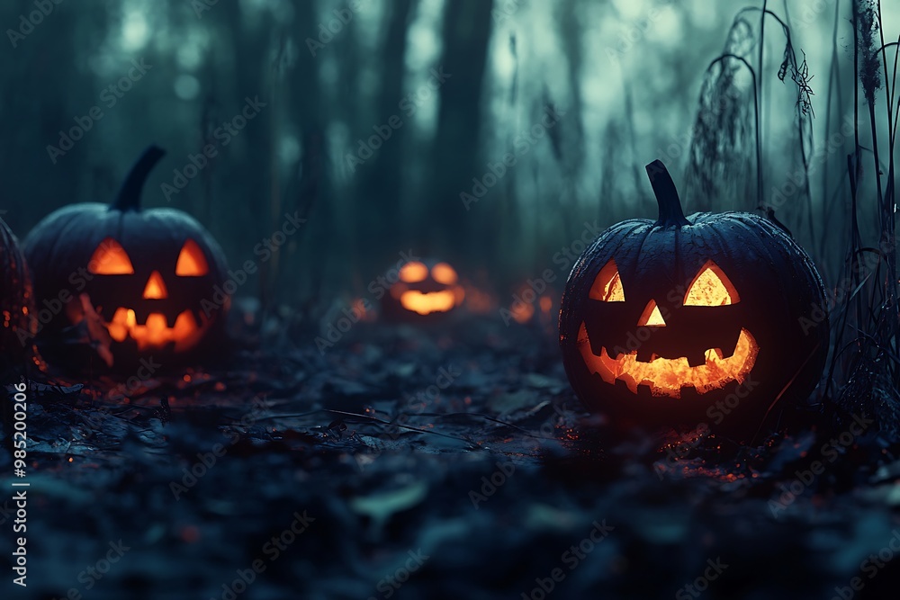 Spooky jack o' lantern pumpkins in dark foggy forest on Halloween night Spooky jack o' lantern pumpkins in dark foggy forest on Halloween night
