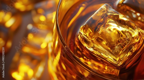 Close-up of a Glass of Whiskey with Ice Cubes