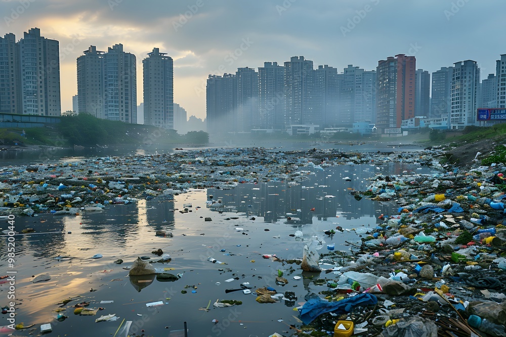 Obraz premium Polluted river through major city.