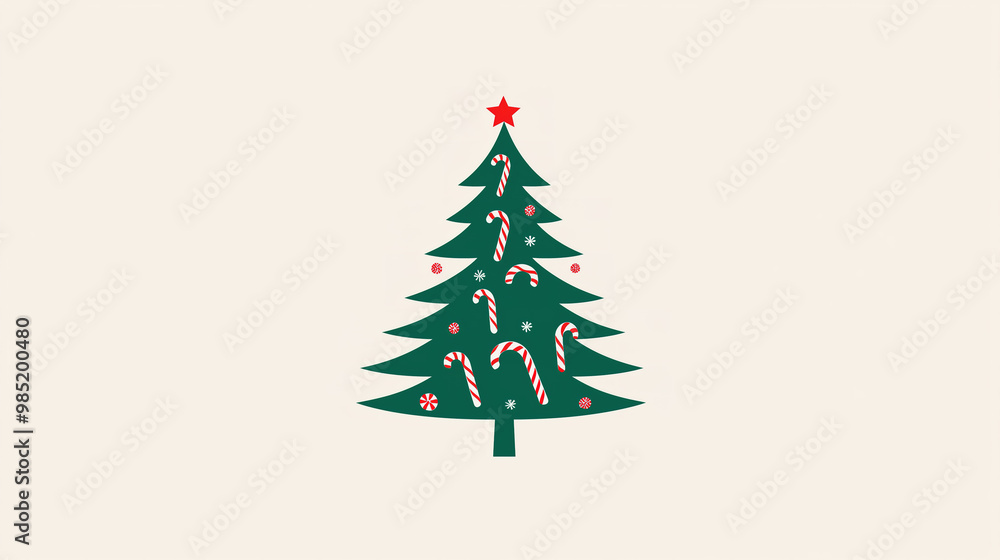 Minimalist Christmas Tree with Strong, Clean Lines and Candy Canes as Ornaments, Featuring a Playful Red and Green Color Palette in Flat Design, Perfect for Holiday Cards and Decorations Minimalist Christmas Tree with Strong, Clean Lines and Candy Canes as Ornaments, Featuring a Playful Red and Green Color Palette in Flat Design, Perfect for Holiday Cards and Decorations
