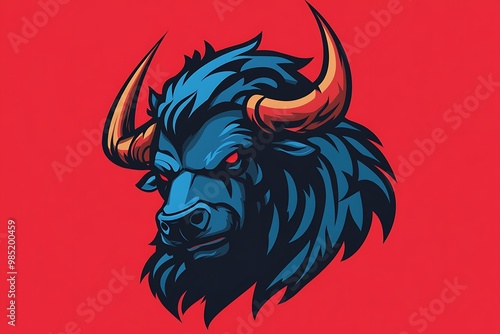 Wallpaper Mural Aggressive Blue Bull Mascot Design with Red Horns Torontodigital.ca