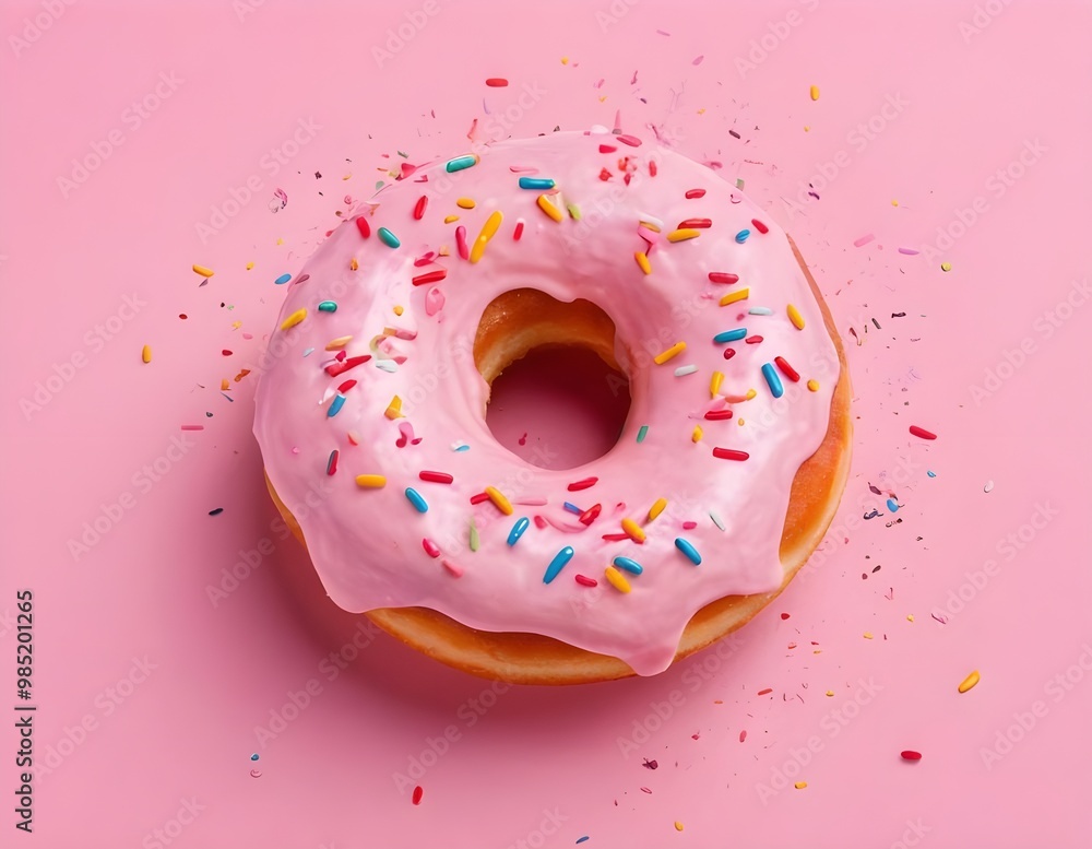 food template. Pink frosting donut doughnut floating flying with dropping colourful sprinkles food template. Pink frosting donut doughnut floating flying with dropping colourful sprinkles