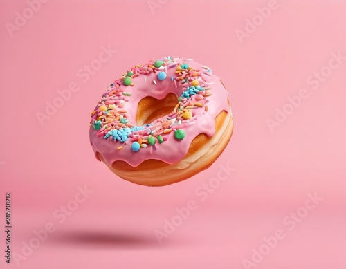 food template. Pink frosting donut doughnut floating flying with dropping colourful sprinkles