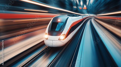 High-speed train racing through a cityscape at dusk.