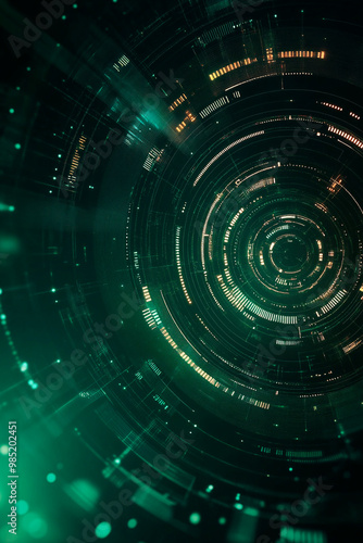 Background in style Abstract tech in form of yellow golden circles digital on green background. Futuristic and dynamic backdrop. Concept of technology development, virtual reality.