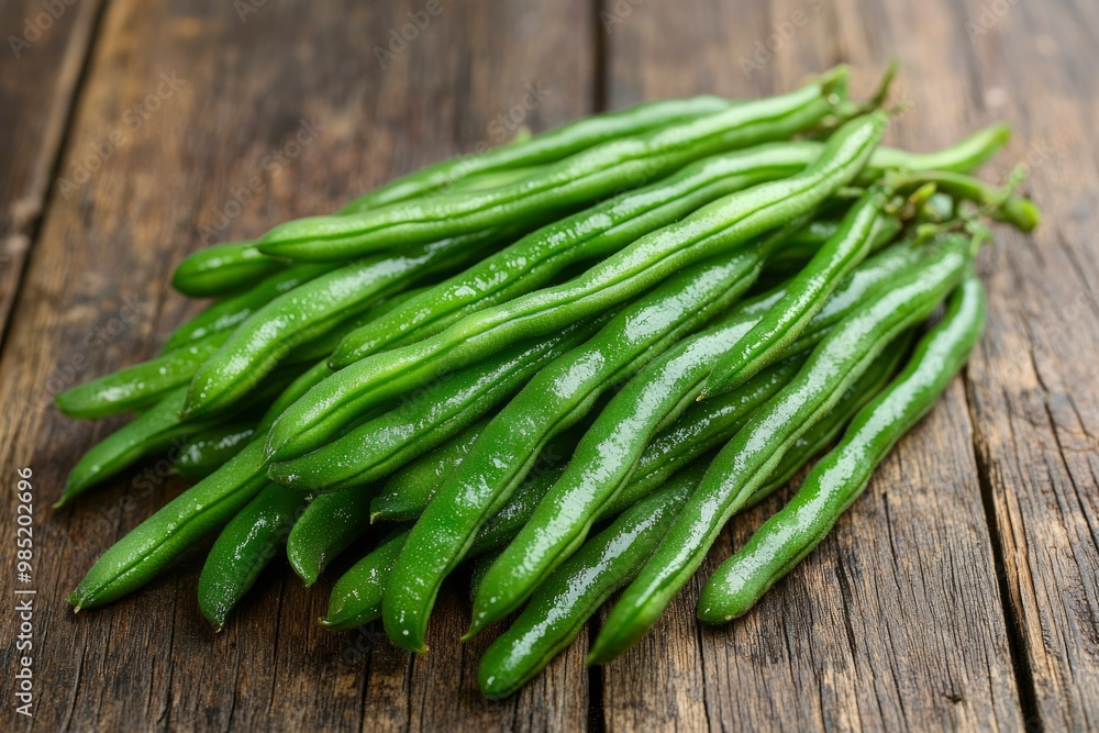 Fresh Green Beans on Rustic Wooden Surface Fresh Green Beans on Rustic Wooden Surface