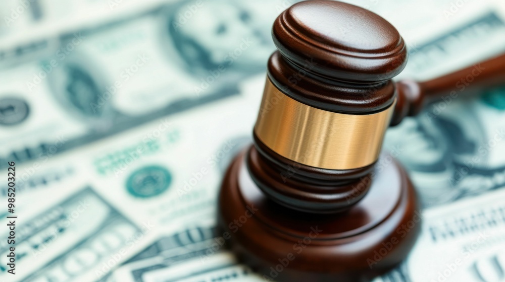 Close-up of a wooden gavel placed on US dollar bills, representing legal issues, financial disputes, or justice-related concepts in a monetary context.. Close-up of a wooden gavel placed on US dollar bills, representing legal issues, financial disputes, or justice-related concepts in a monetary context..