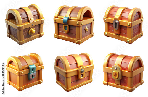 Fototapeta Naklejka Na Ścianę i Meble -  PNG treasure chest 3d collection, in cartoon style minimal on transparent, white background, isolate
