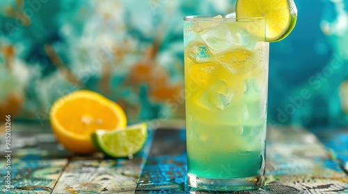 Refreshing Blue and Yellow Cocktail with Lime Garnish