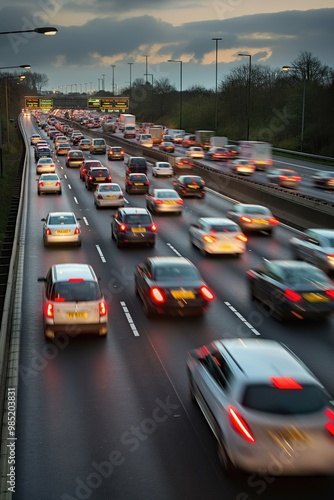 Fast moving traffic on M42 expressway near Birmingham UK. Cars, vans, lorries, buses, motorbikes speed along highway during evening rush hour. Red lights, headlights illuminate darkening landscape.