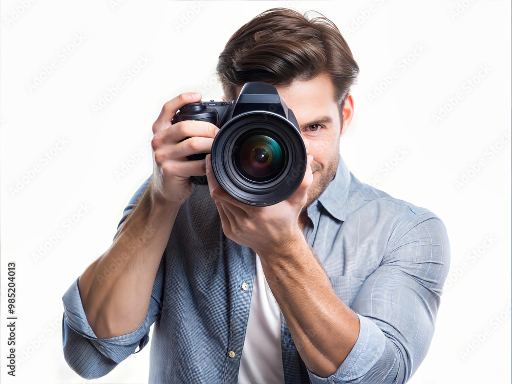 Photographer with camera. Professional photographer holds a camera ready to take a picture, white background. Professional photo shoot. Photographer with camera. Professional photographer holds a camera ready to take a picture, white background. Professional photo shoot.
