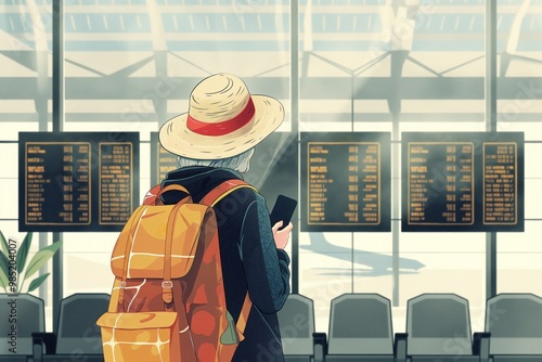 Senior woman wearing hat in airport terminal, holding phone, surrounded by chairs and flight information signs. Ready for travel, sense of anticipation.