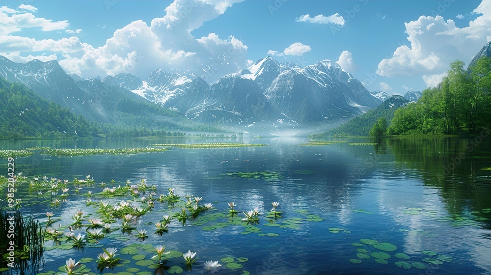 Naklejka premium Serene Mountain Lake with Water Lilies