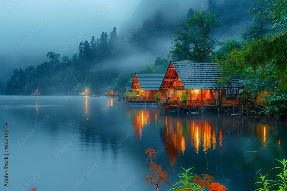 Fototapeta premium Lakeside cabins illuminated in misty forest.