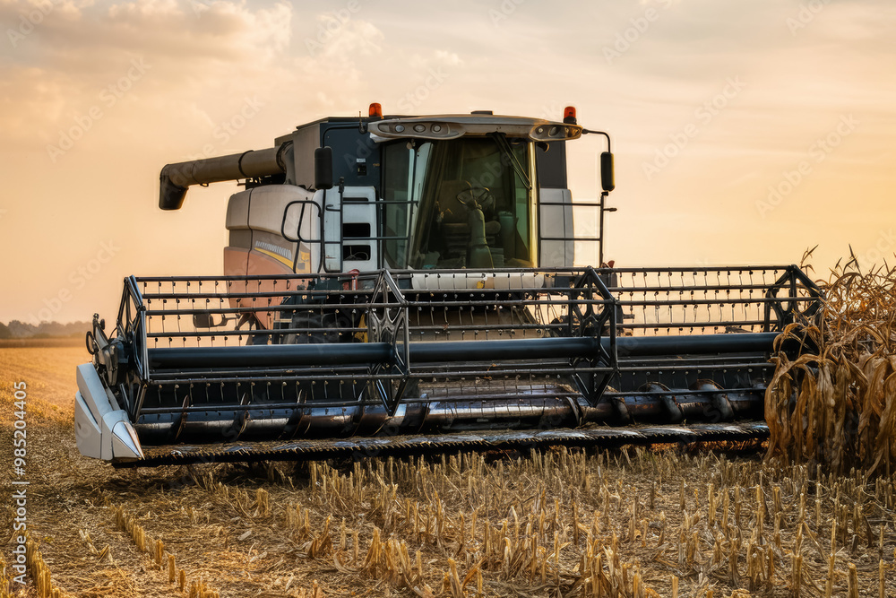 Fototapeta premium A giant combine harvests in a corn field. Agriculture industry and harvesting concept.