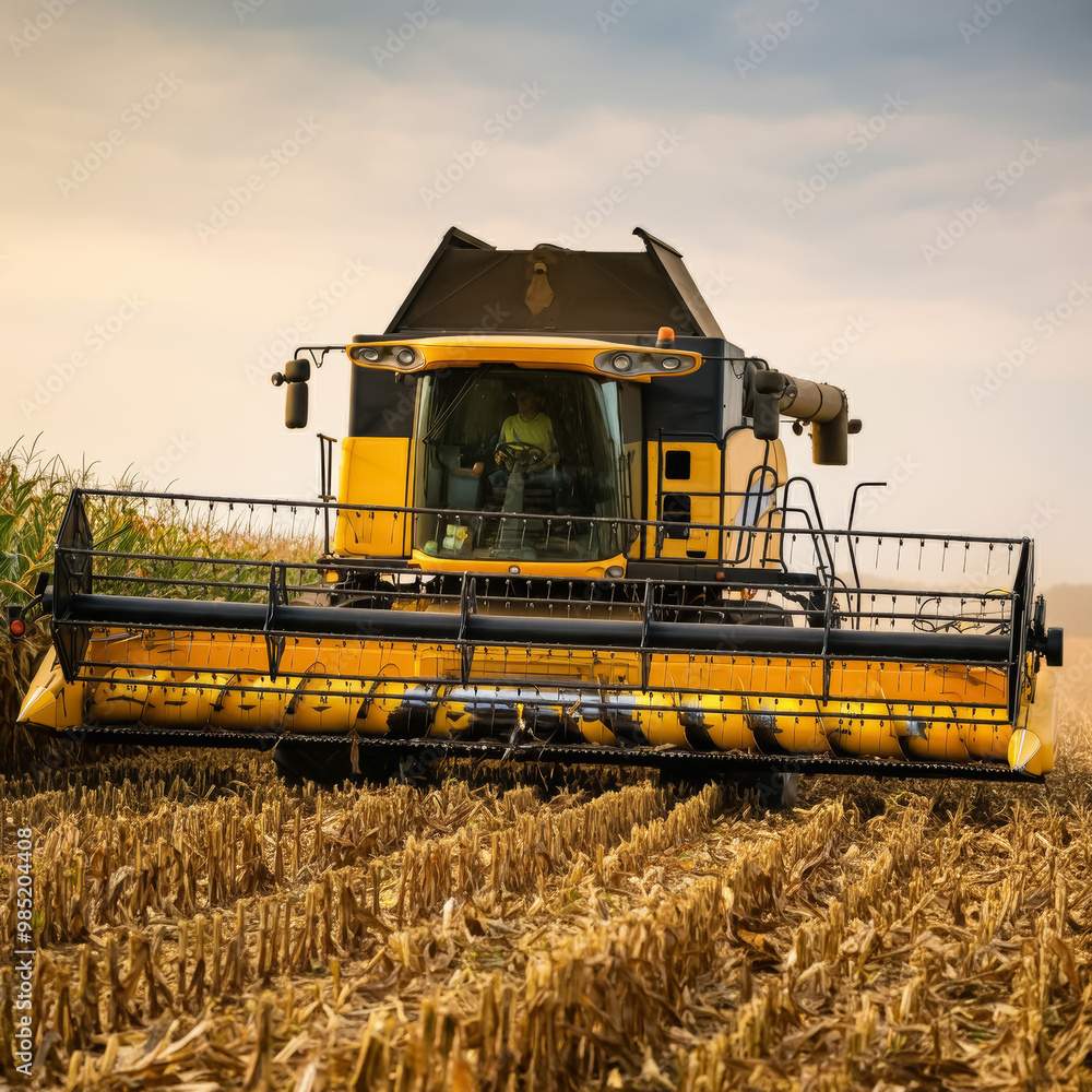 Fototapeta premium A giant combine harvests in a corn field. Agriculture industry and harvesting concept.