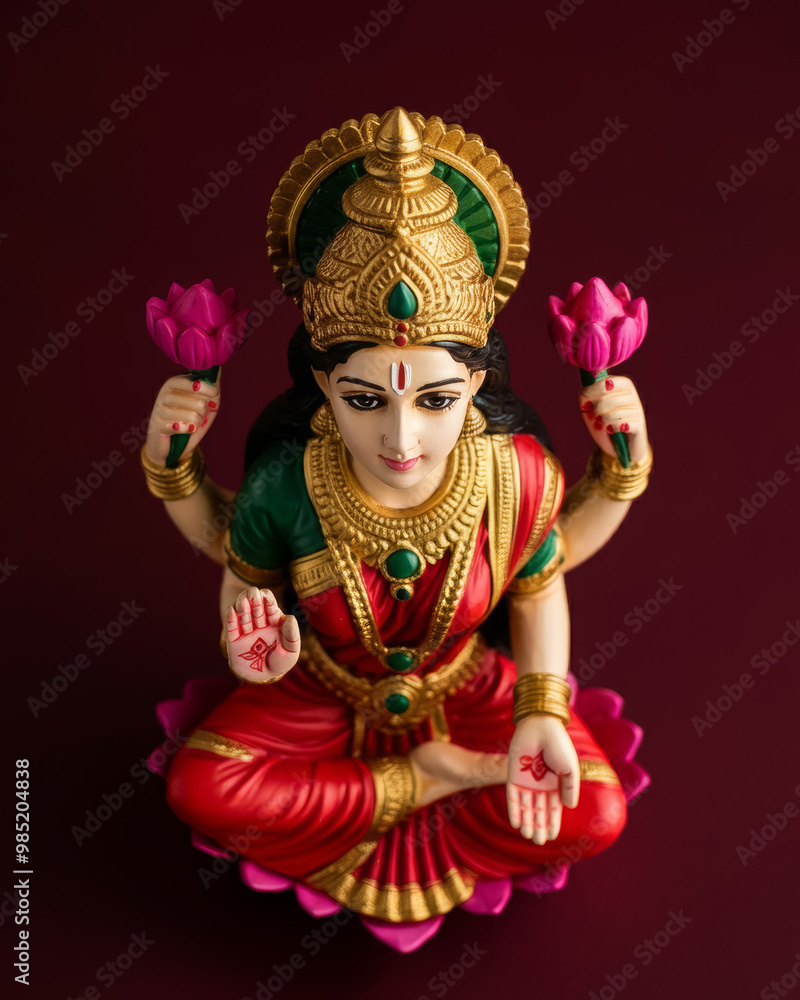 Fototapeta premium Closeup of Hindu goddess Lakshmi statue. Hinduism religion and Indian culture. Hindu goddess of wealth, good fortune, youth, and beauty