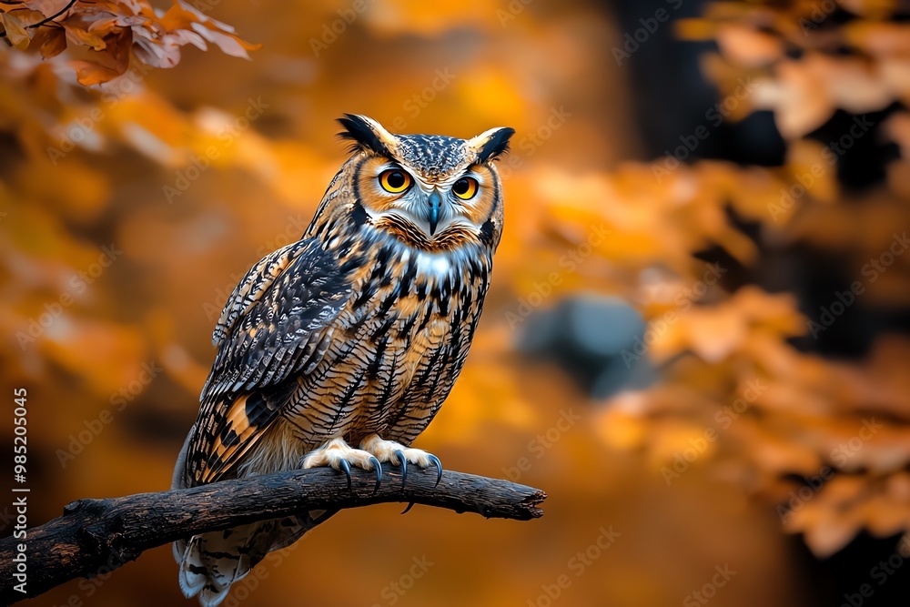 An owl perched on a branch, its piercing eyes glowing in the dim light of a mysterious autumn forest An owl perched on a branch, its piercing eyes glowing in the dim light of a mysterious autumn forest