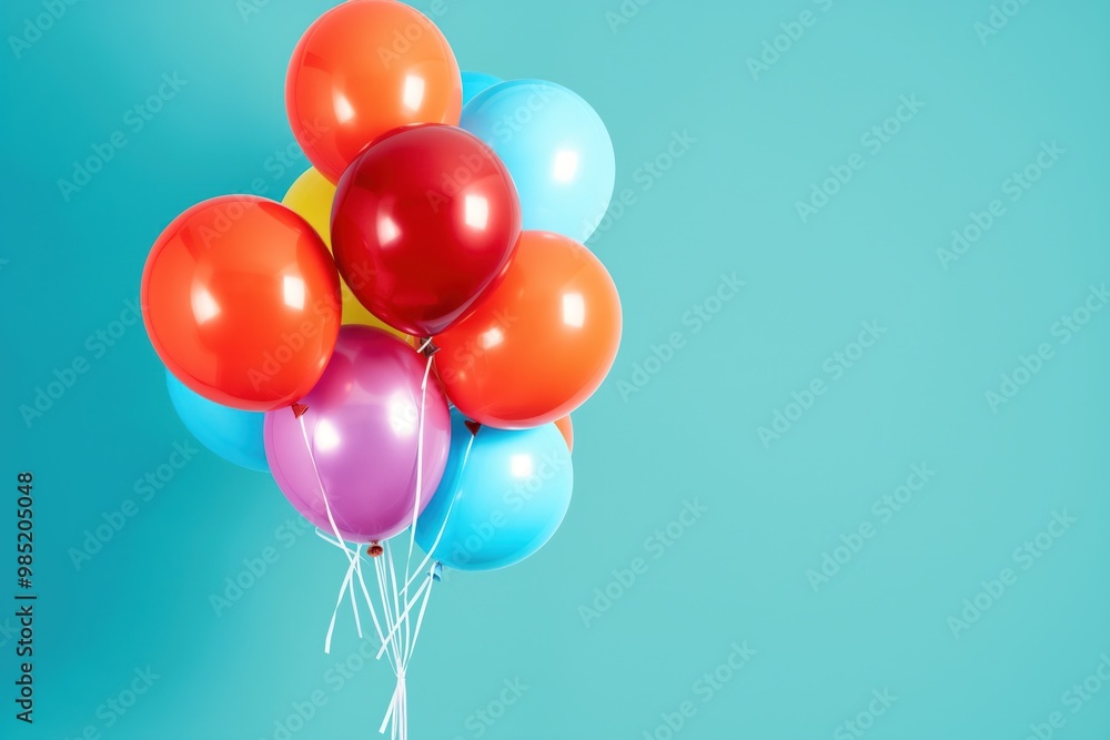 Bright colorful balloons against blue background. Bunch of round, rubber balloons in various colors. For parties, celebrations, events. Festive, cheerful decorations for anniversaries, birthdays, Bright colorful balloons against blue background. Bunch of round, rubber balloons in various colors. For parties, celebrations, events. Festive, cheerful decorations for anniversaries, birthdays,