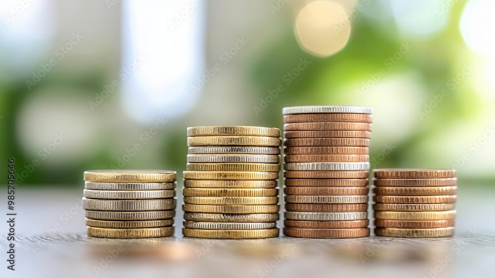 Close-up of stacked coins with a beautiful bokeh background, symbolizing wealth, finance, and investment opportunities Close-up of stacked coins with a beautiful bokeh background, symbolizing wealth, finance, and investment opportunities