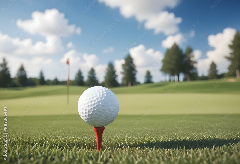 A white golf ball on a tee with a golf club head in the foreground, set against a blurred green grass field and blue sky background A white golf ball on a tee with a golf club head in the foreground, set against a blurred green grass field and blue sky background
