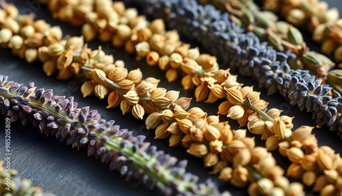 Glistening cumin and caraway seeds in perfect alignment showcasing intricate details of natural oils and spice textures photo