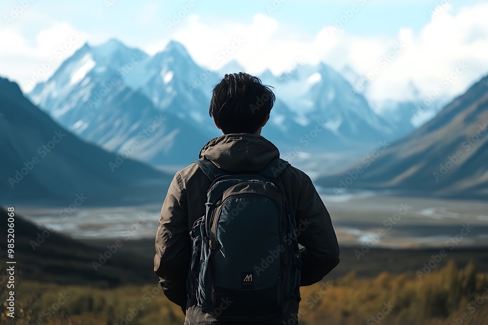 Backpacker Gazing at the Mountain Range Backpacker Gazing at the Mountain Range