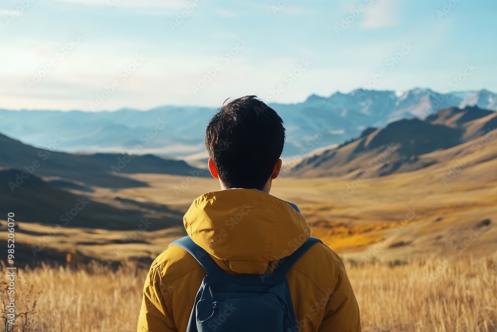 A Young Man in a Yellow Jacket Admires a Mountain View A Young Man in a Yellow Jacket Admires a Mountain View