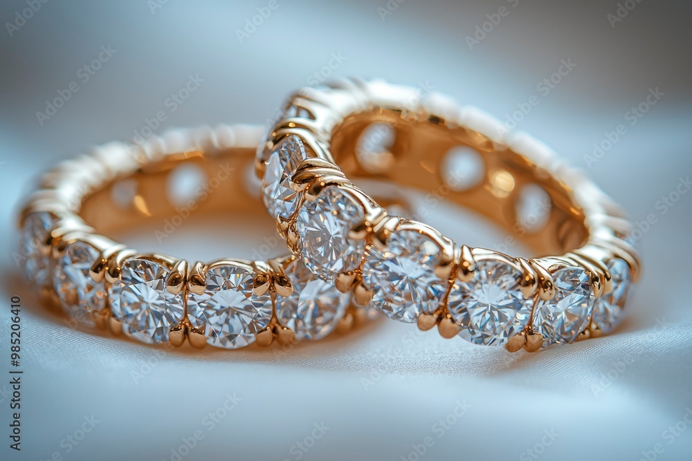 Two Gold Bands Set With Large Round Diamonds Two Gold Bands Set With Large Round Diamonds