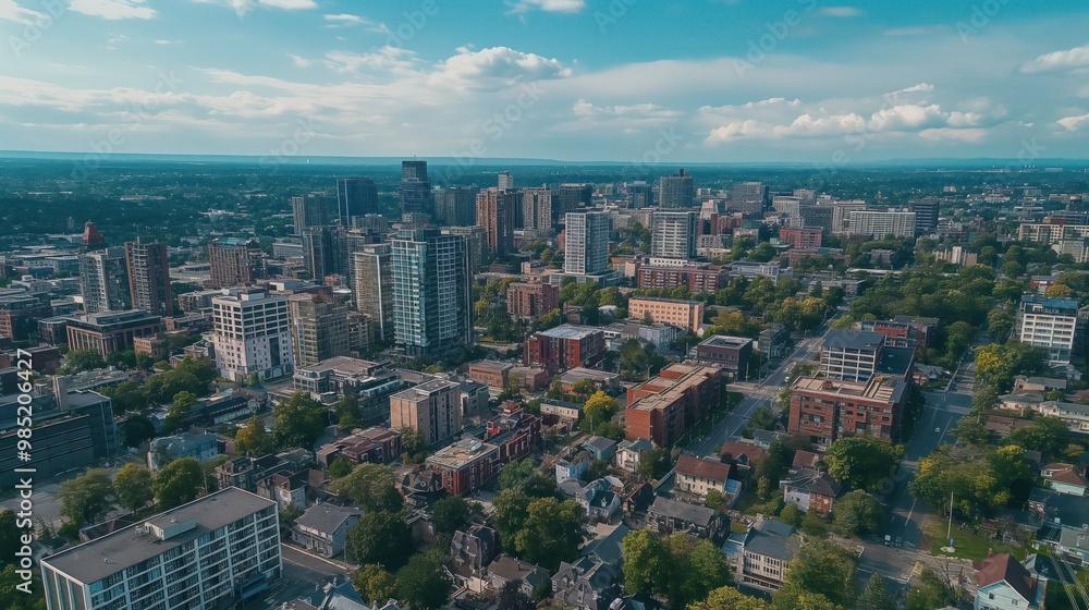 Fototapeta premium Aerial cityscape of Hamilton, Ontario. Tall buildings, skyscrapers dominate landscape. Urban architecture, residential areas blend together. Downtown area with highway, road network. Lake Ontario
