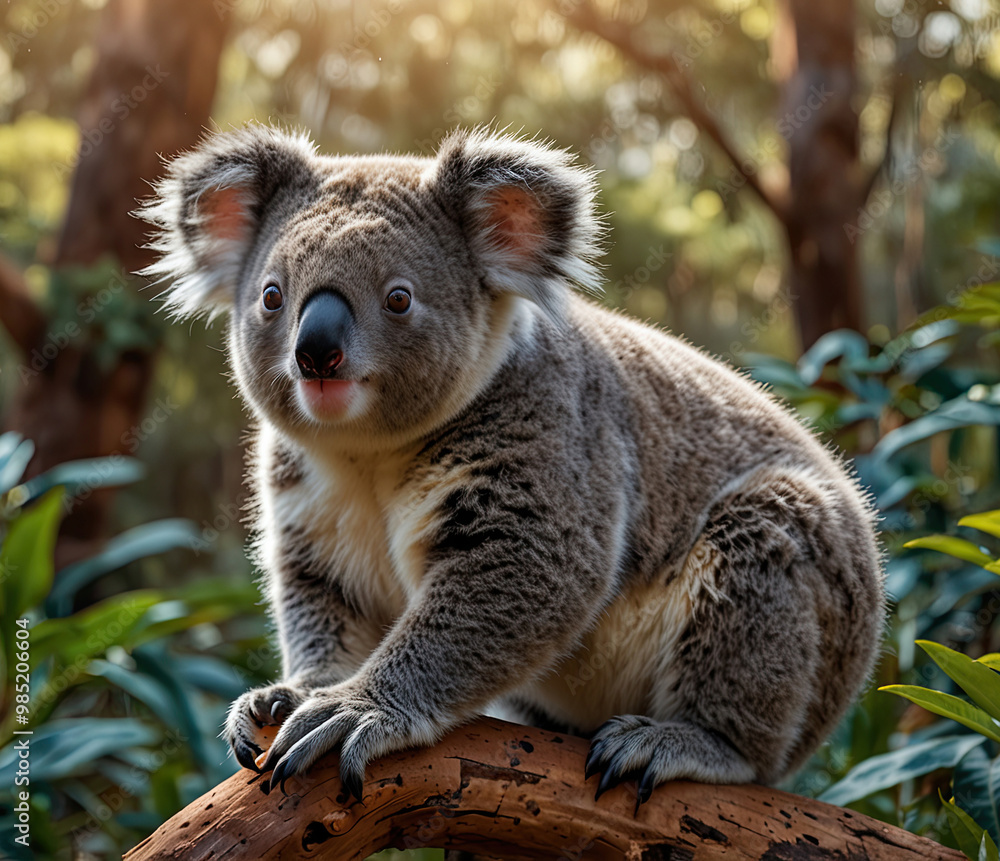 a koala playfully perched on a branch in a radiant, lush mountain landscape a koala playfully perched on a branch in a radiant, lush mountain landscape