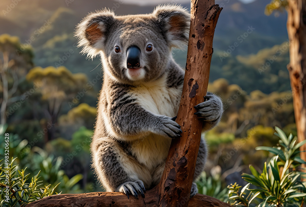Obraz premium a koala playfully perched on a branch in a radiant, lush mountain landscape