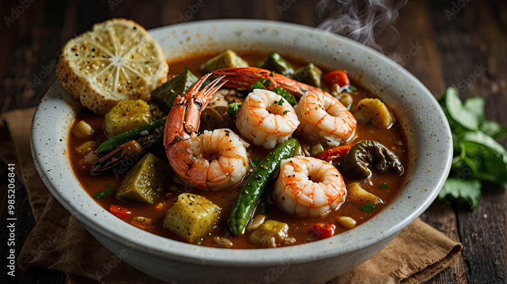 a cajun seafood gumbo, a explosion of flavours and textures. shrimp, crab, and okra dance in a spicy, savoury broth, perfectly seasoned with cajun spices a cajun seafood gumbo, a explosion of flavours and textures. shrimp, crab, and okra dance in a spicy, savoury broth, perfectly seasoned with cajun spices