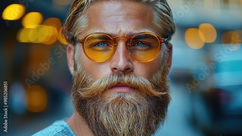 A stylish man with a full beard and round orange sunglasses posing on a busy street with warm bokeh lights in the background