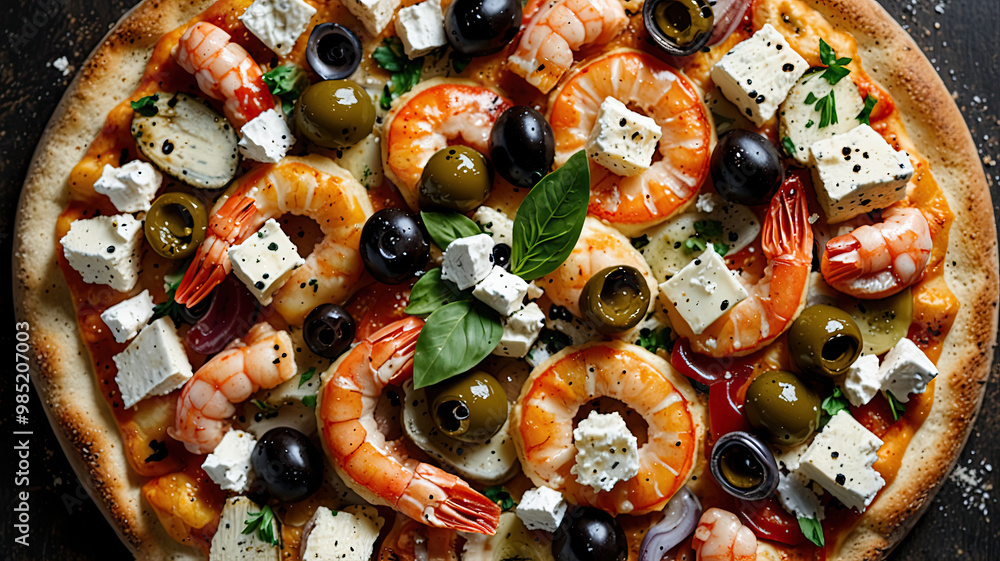a round seafood pizza featuring olives, anchovies, shrimp, and feta cheese, captured in top-down view a round seafood pizza featuring olives, anchovies, shrimp, and feta cheese, captured in top-down view