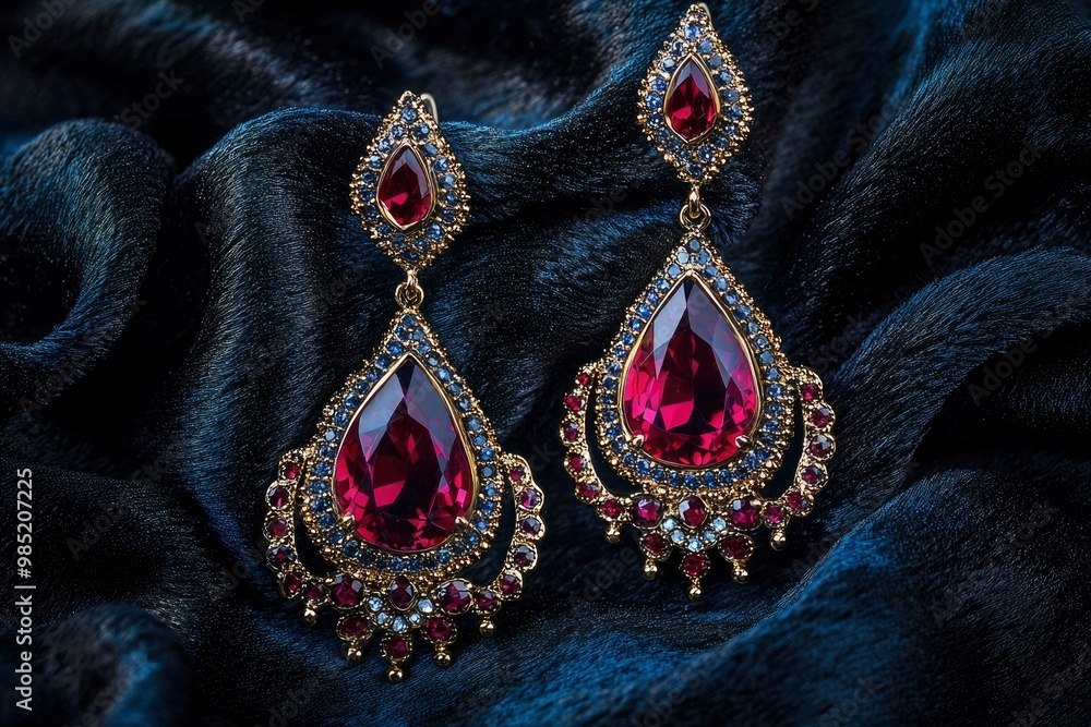 Fototapeta premium Pair of Golden Earrings with Large Red Gemstones and Smaller Blue Gemstones