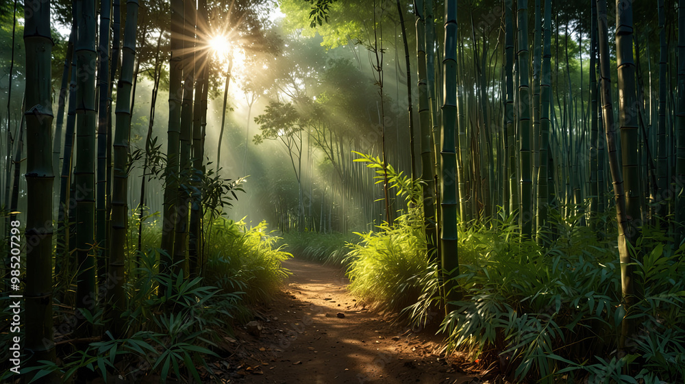 Obraz premium a serene and intimate scene unfolds as a dense bamboo forest is illuminated by warm sunlight filtering through the gaps