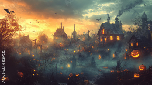 A Halloween scene, houses are beautifully lit with an array of pumpkins and lanterns, casting a warm glow that contrasts with the cool night.