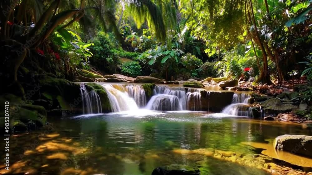 A Serene Tropical Waterfall That Is Beautifully Surrounded by Lush Greenery and Nature A Serene Tropical Waterfall That Is Beautifully Surrounded by Lush Greenery and Nature