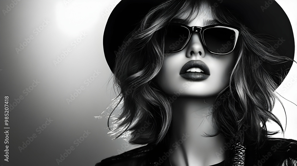 Fototapeta premium Black and White Fashion Portrait of Woman Wearing Sunglasses and a Hat