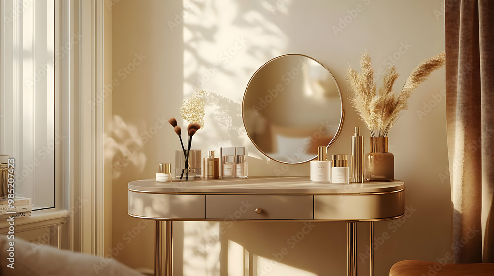 Beige Vanity Table with Gold Accents - 3D Illustration Beige Vanity Table with Gold Accents - 3D Illustration