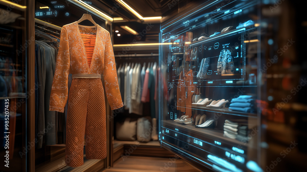 a photostock image of a stylish jumpsuit displayed in augmented reality, with fabric details, color options, and customization features in a virtual fitting room a photostock image of a stylish jumpsuit displayed in augmented reality, with fabric details, color options, and customization features in a virtual fitting room