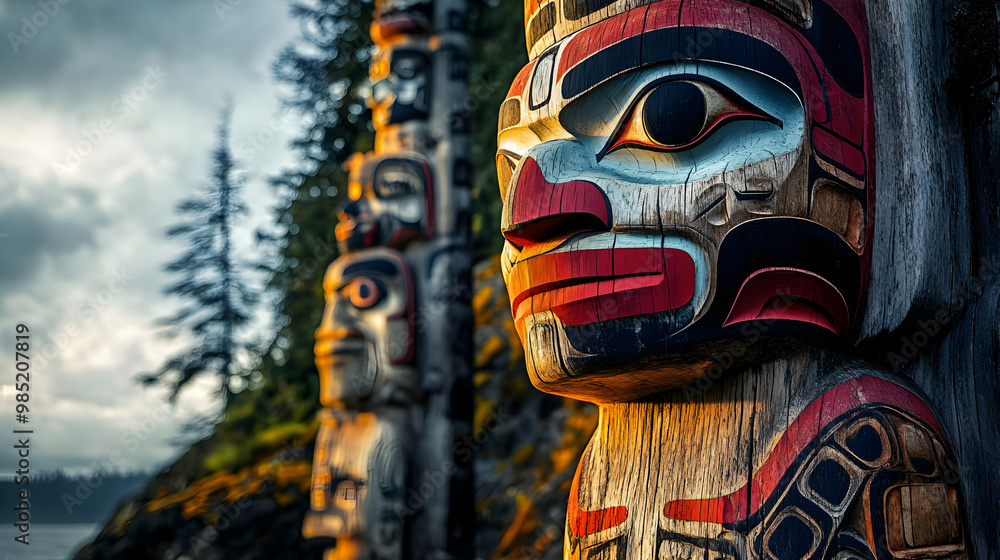 Closeup of Totem Pole with Carved Face - Illustration Closeup of Totem Pole with Carved Face - Illustration