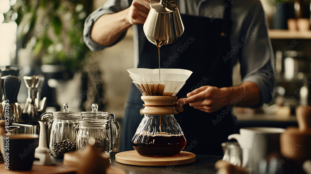 A barista expertly preparing a pour-over coffee, with a focus on the coffee drip and brewing process. A barista expertly preparing a pour-over coffee, with a focus on the coffee drip and brewing process.