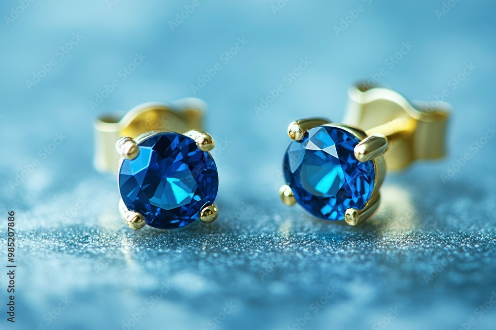 Close-up of a Pair of Gold and Blue Sapphire Earrings Close-up of a Pair of Gold and Blue Sapphire Earrings