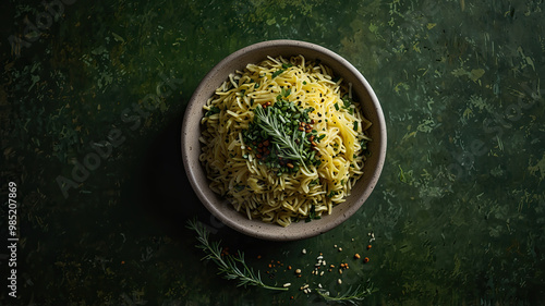 a top down view of single served cacik with an abundance of finely chopped herbs photo