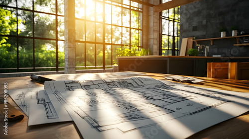 Blueprint on Wooden Table i...