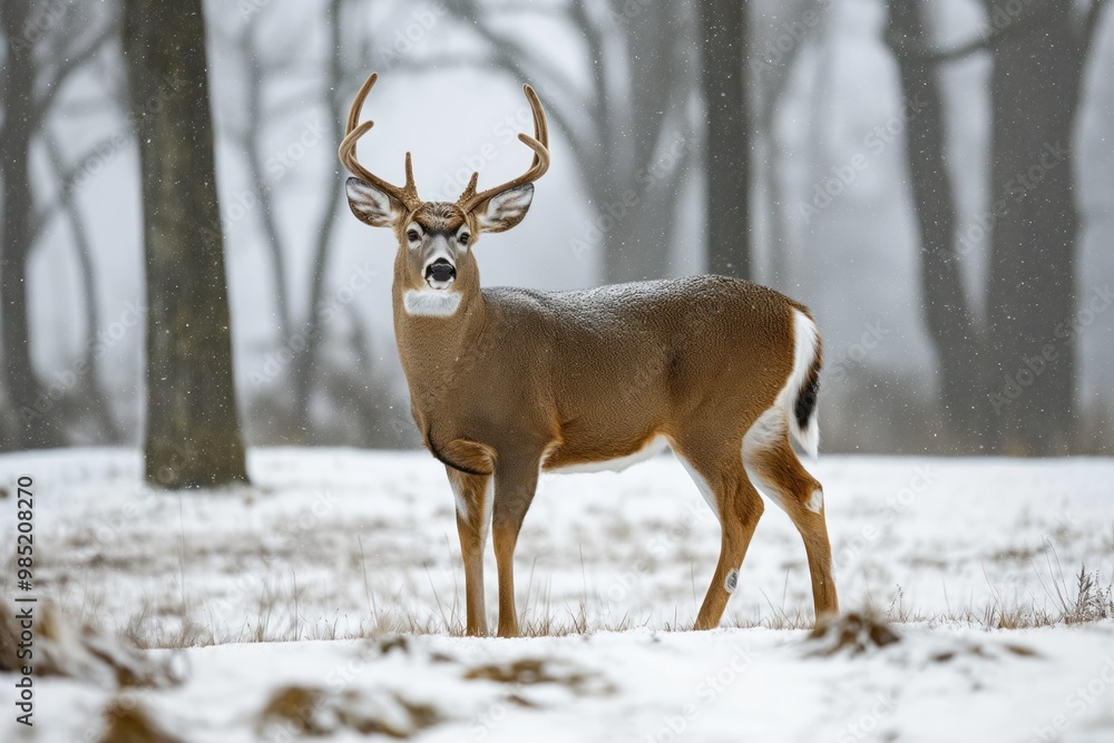 Whitetail deer stands in winter forest. Majestic cervid coat glistens in pristine snow. Animal antlers visible amidst woodland. Serene wilderness scene winter landscape. Nature beauty in frozen Whitetail deer stands in winter forest. Majestic cervid coat glistens in pristine snow. Animal antlers visible amidst woodland. Serene wilderness scene winter landscape. Nature beauty in frozen