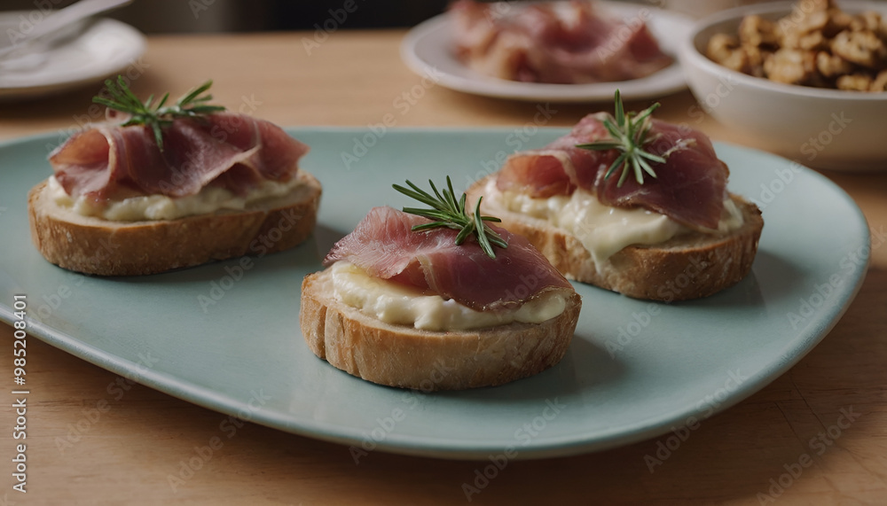 plate of brie and prosciutto on crostini plate of brie and prosciutto on crostini