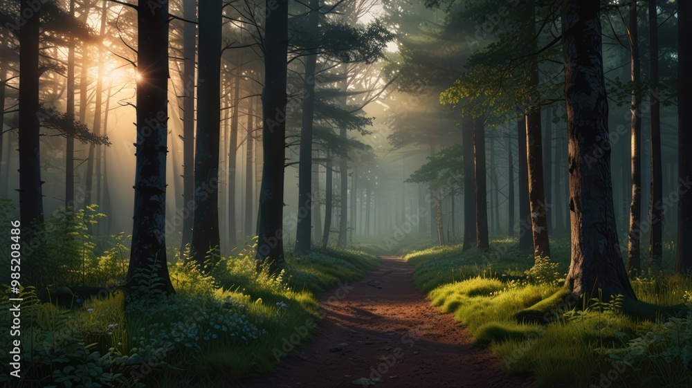 Realistic landscape atmosphere in the forest with tall trees in it Realistic landscape atmosphere in the forest with tall trees in it